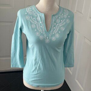 LIZ CLAIBORNE Women's Boho Aqua Tunic 3/4 Sleeve White Embroidery SZ Small